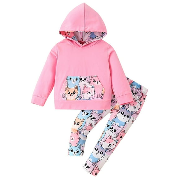 Ugoldhm Toddler Girls Outfit Set Hooded Sweatshirt and Cute Cat Printed Pant Fall 2 Piece Set 3M-3T