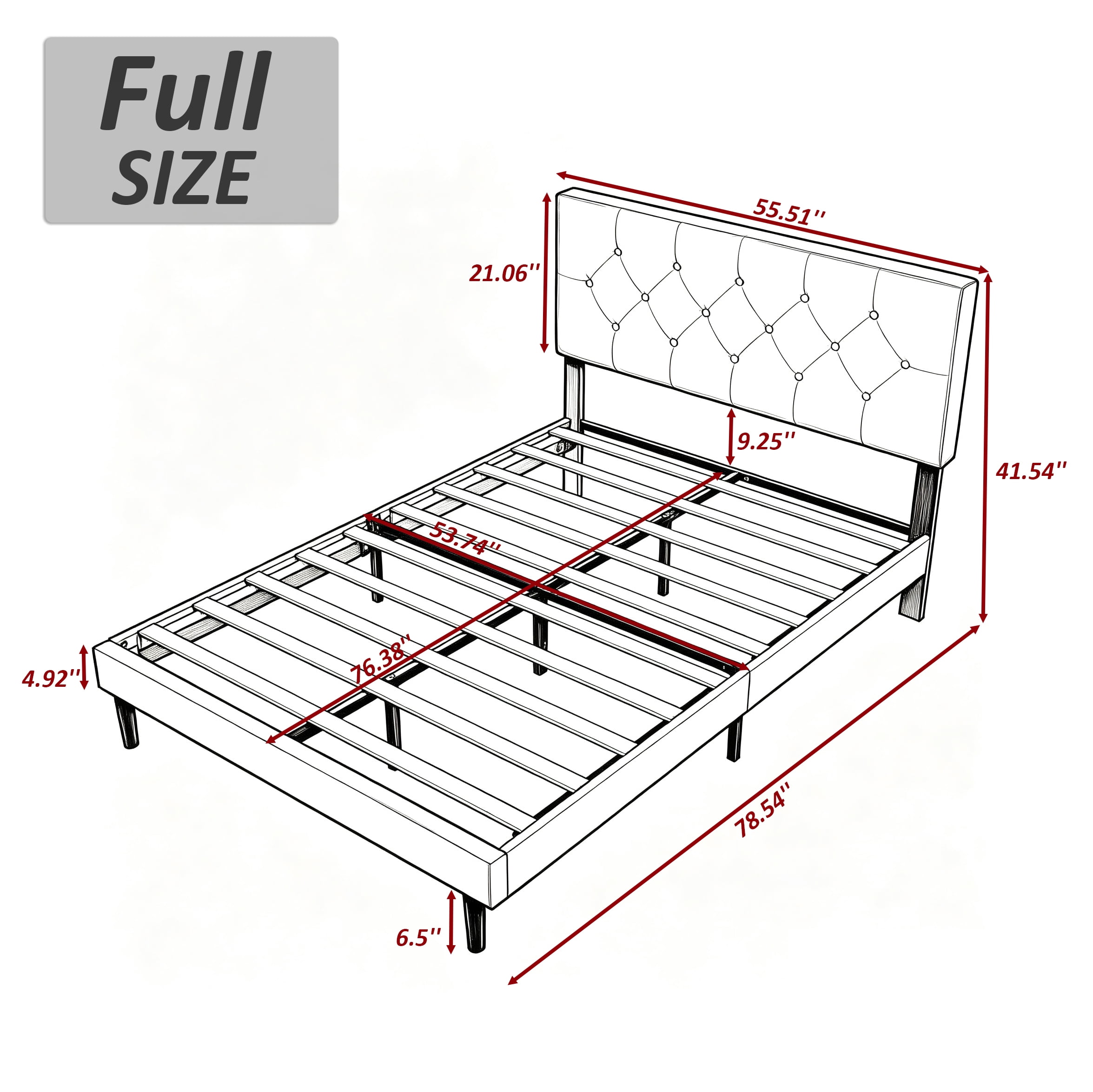Gewnee Full Size Bed Frame,Linen Platform Bed with Upholstered Button Headboard,Modern Bedroom Furniture with Wood Support,No Box Spring Needed,Dark Grey