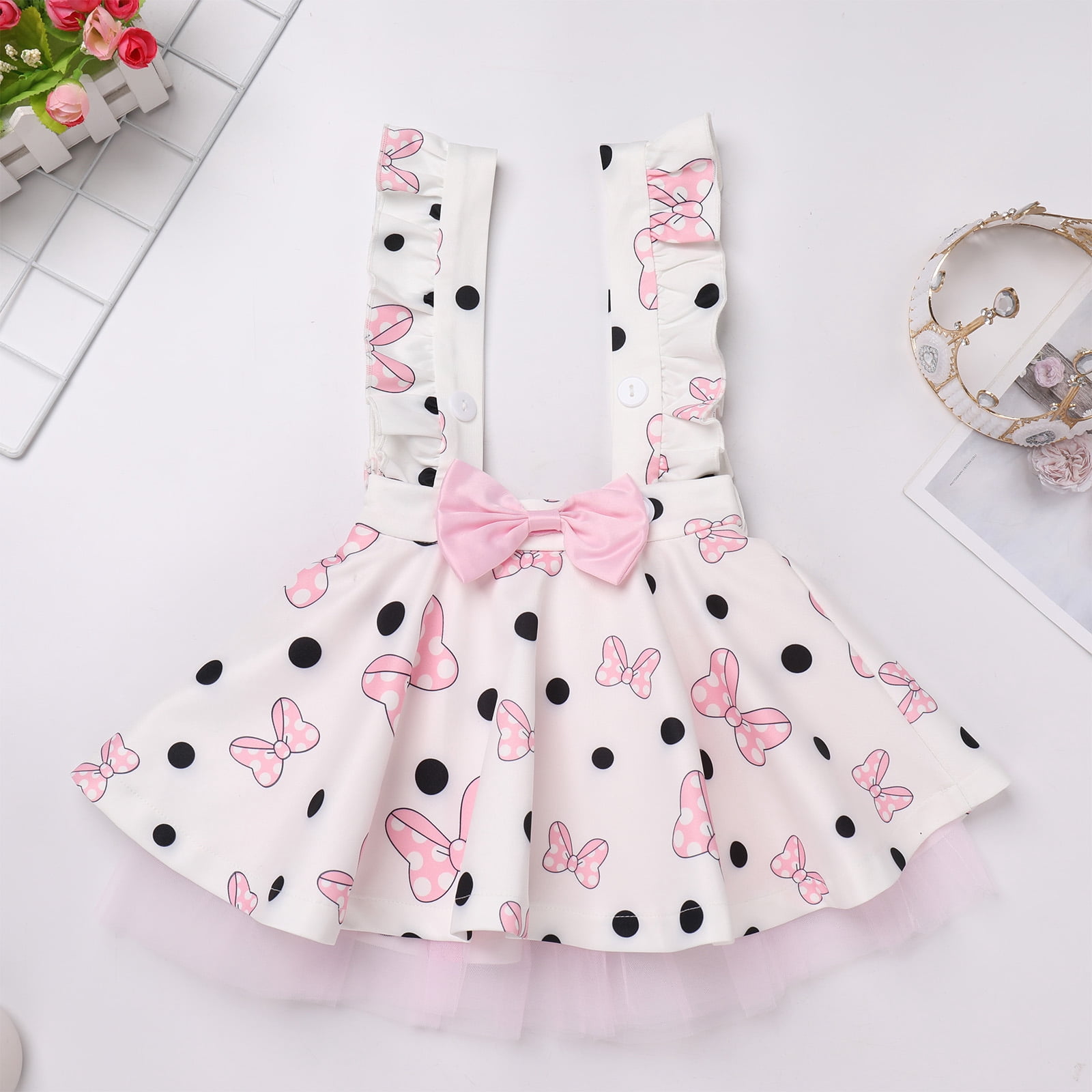 IDOPIP Baby Girls Mouse Birthday Outfit Shirt Overalls Skirt Headband 3-4 Years Pink