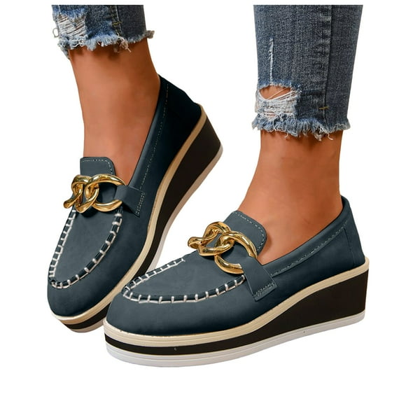 Pandaie Women's Slip on Platform Loafers Comfort Suede Wedge Penny Loafer Moccasins Business Casual Work Walking Shoes Blue 6.5
