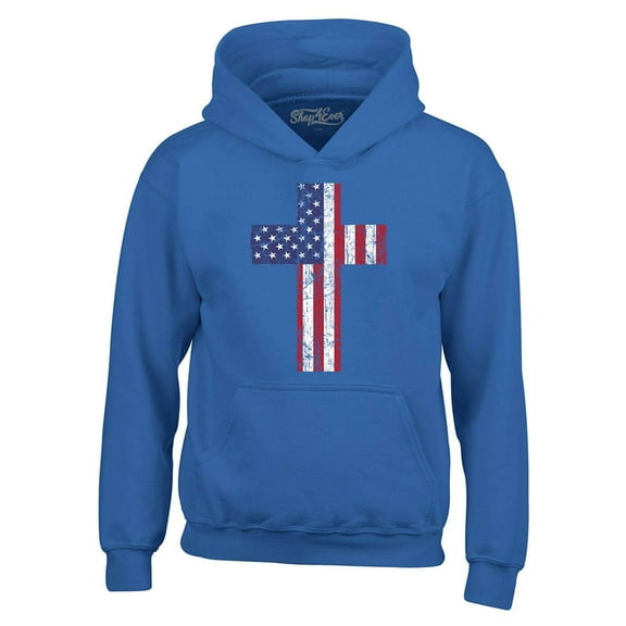 Shop4Ever Men's Distressed American Flag Cross Hooded Sweatshirt Hoodie XX-Large Royal Blue