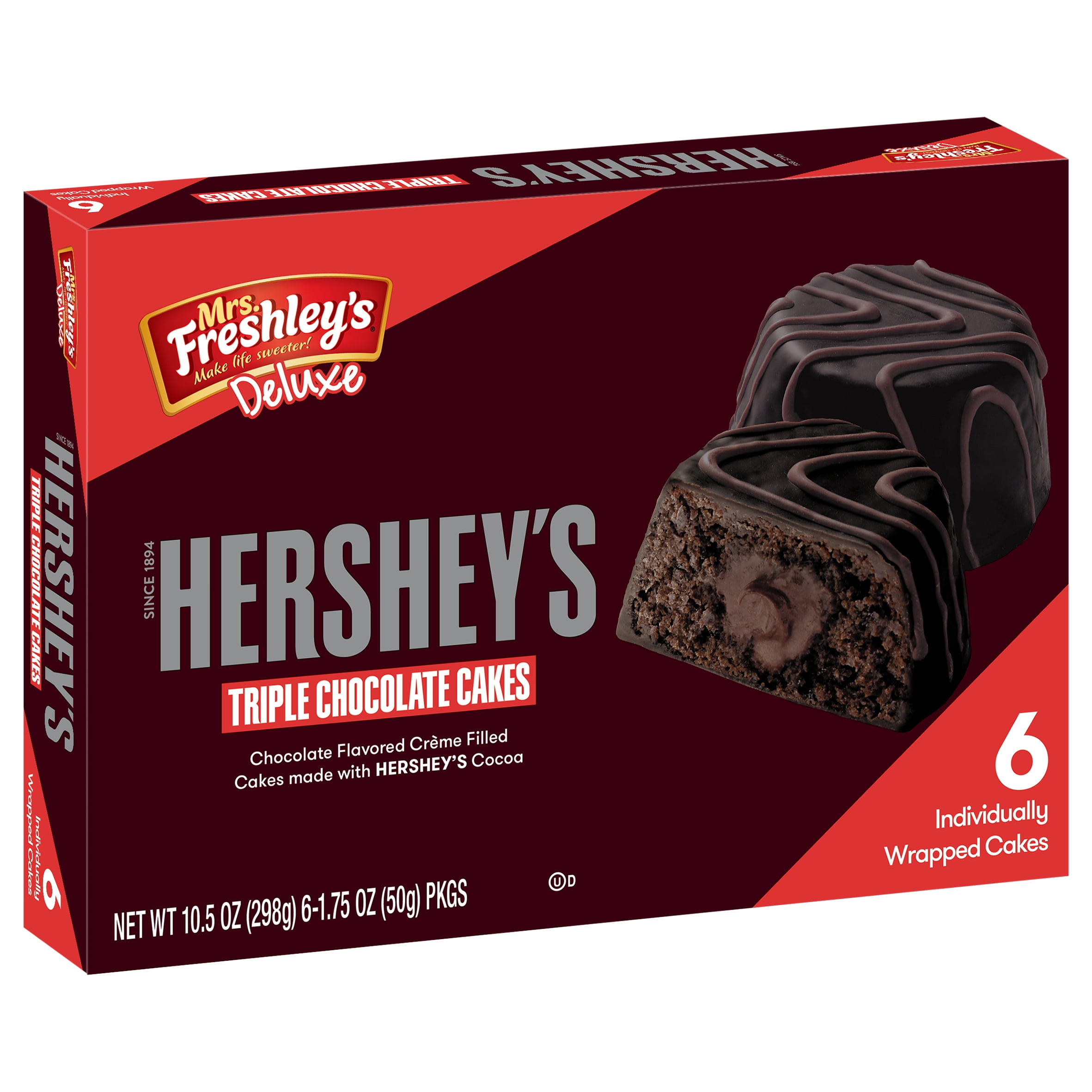 Mrs. Freshley's Deluxe Hershey's Triple Chocolate Cakes, 6 Count, 6 Individually Wrapped Snack Cakes, Shelf-Stable