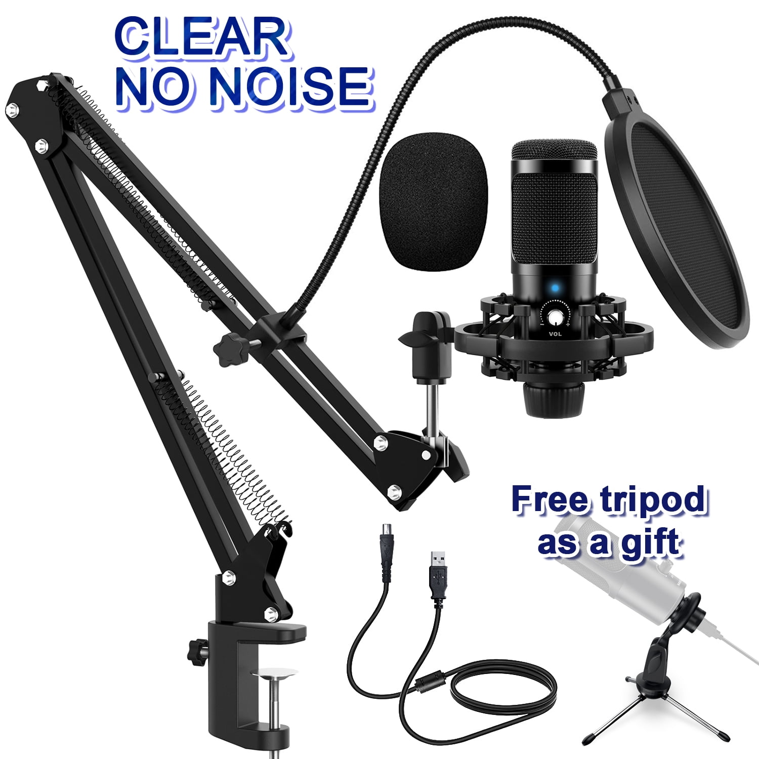 PC21 USB Computer Gaming Microphones Plug & Play, Condenser Microphone with  Noise reduction, Tripod Stand & Pop Filter for Recording Podcasting