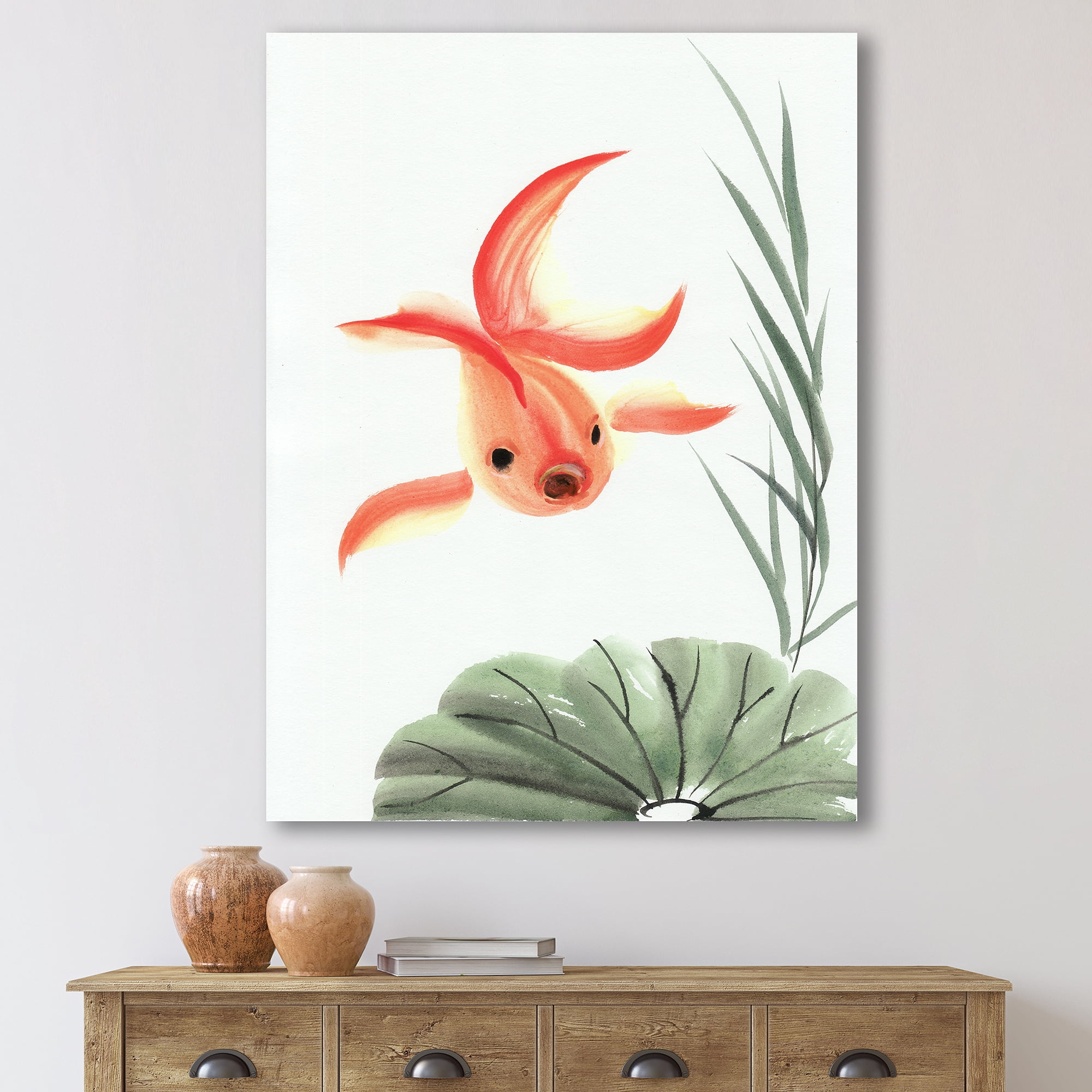 Designart ' Ancient Goldfish and The Lotus Leaf ' Nautical & Coastal Canvas Wall Art Print