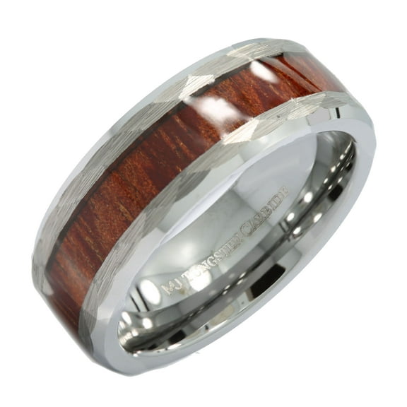 Metals Jewelry Unisex Tungsten Carbide 8mm Koa Wood Inlay Hammered Inner Edge Wedding Ring
