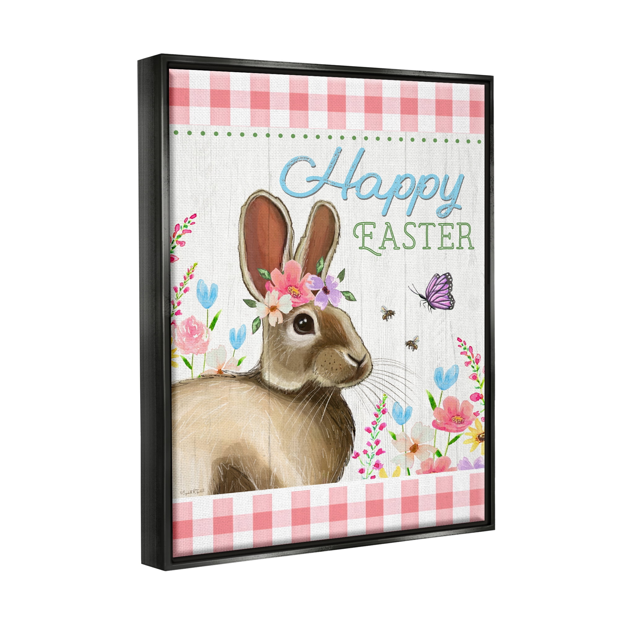 Stupell Happy Easter Floral Gingham Rabbit Holiday Painting Black Floater Framed Art Print Wall Art
