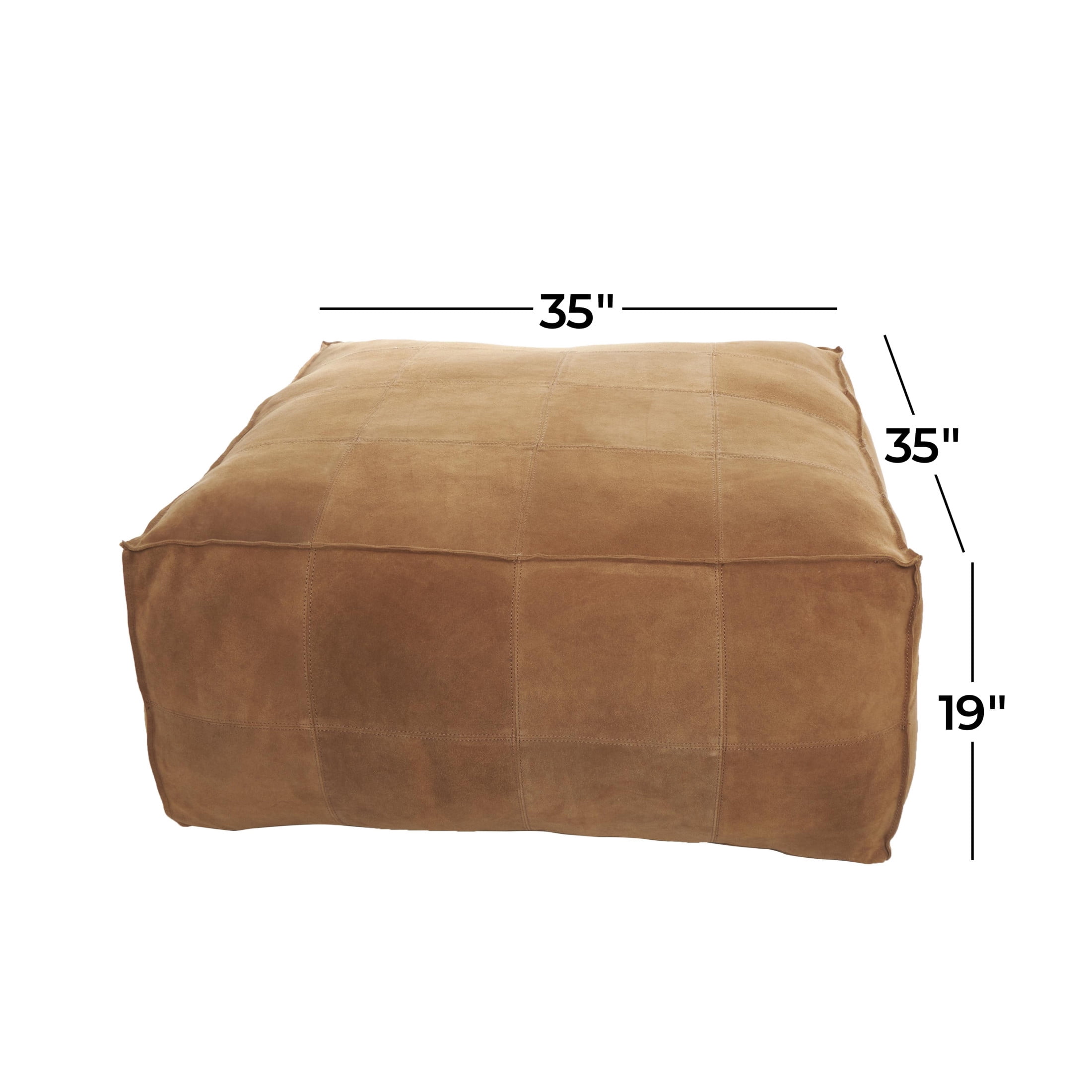 DecMode Patchwork Low Profile Square Brown Leather Pouf with Patchwork Design