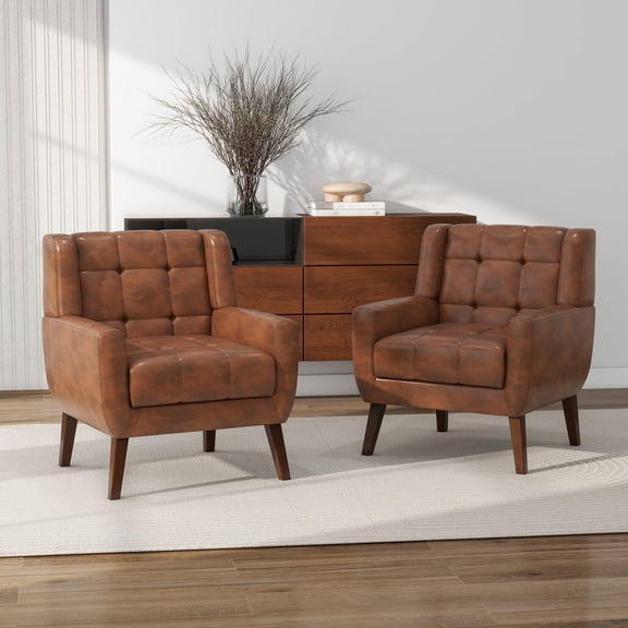 DREAMSIDEA Faux Leather Accent Chairs Set of 2 Living Room,Tufted Armchair for Bedroom Single Sofa Set, Coffee