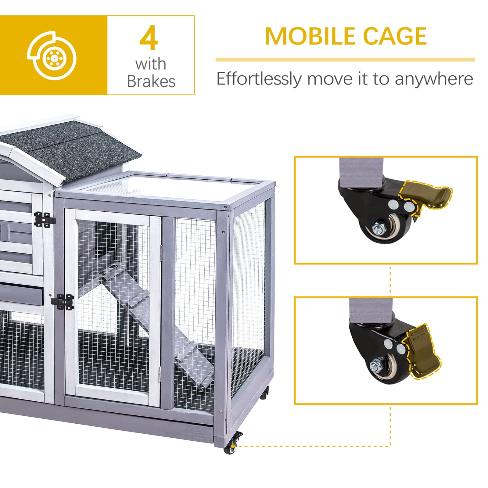 Rabbit Hutch Indoor Rabbit Cage Outdoor, Wooden Bunny Cages for Guinea Pig with Wheels, Removable Tray, Ramp