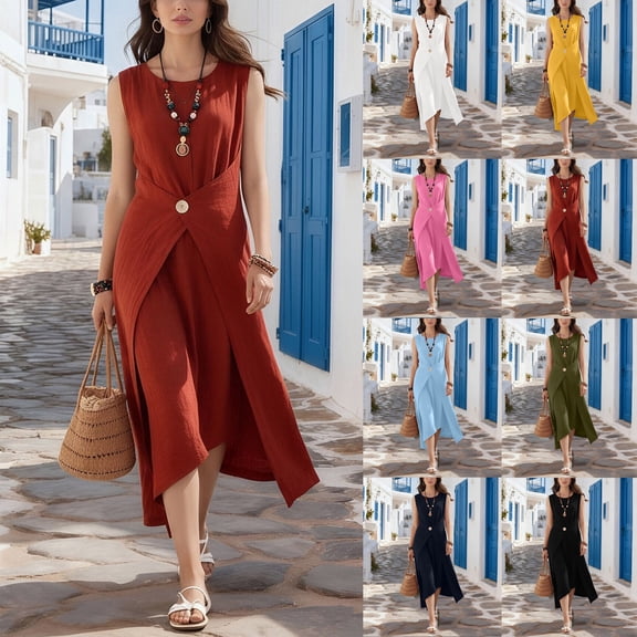 Women's Cotton Linen Crew Neck Sleeveless Midi Dress Solid Color Tie Waist Irregular Hem Casual Summer Tank Dress Red XL(XL)
