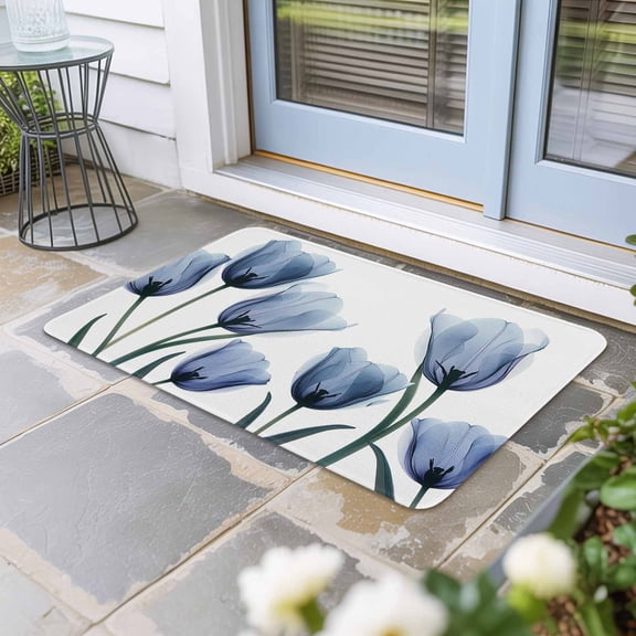 Blue Spring Floral Door Mat Indoor Outdoor, Tulip Blooming Summer Botanical Non Slip Welcome Mat with Rubber Backing, Absorbent Fabric Front Door Mats Entryway Rug for Home Patio Entrance 16"x24"