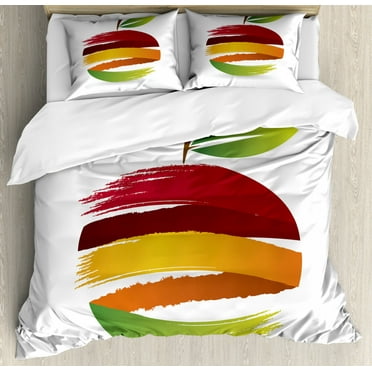 Fruit King Size Duvet Cover Set, Abstract Colorful Stripes Fresh Apple Design Ecology Environment Themed Illustration, Decorative 3 Piece Bedding Set with 2 Pillow Shams, Multicolor, by Ambesonne