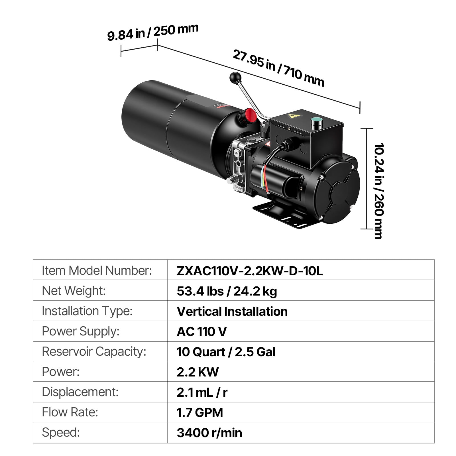 KFFKFF 110V 10 Quart Hydraulic Power Unit, 2.2KW Automotive Pump for Dump Trailers, Car Lift Power Unit for Two and Four-Post Auto Hoists (Vertical Installation)