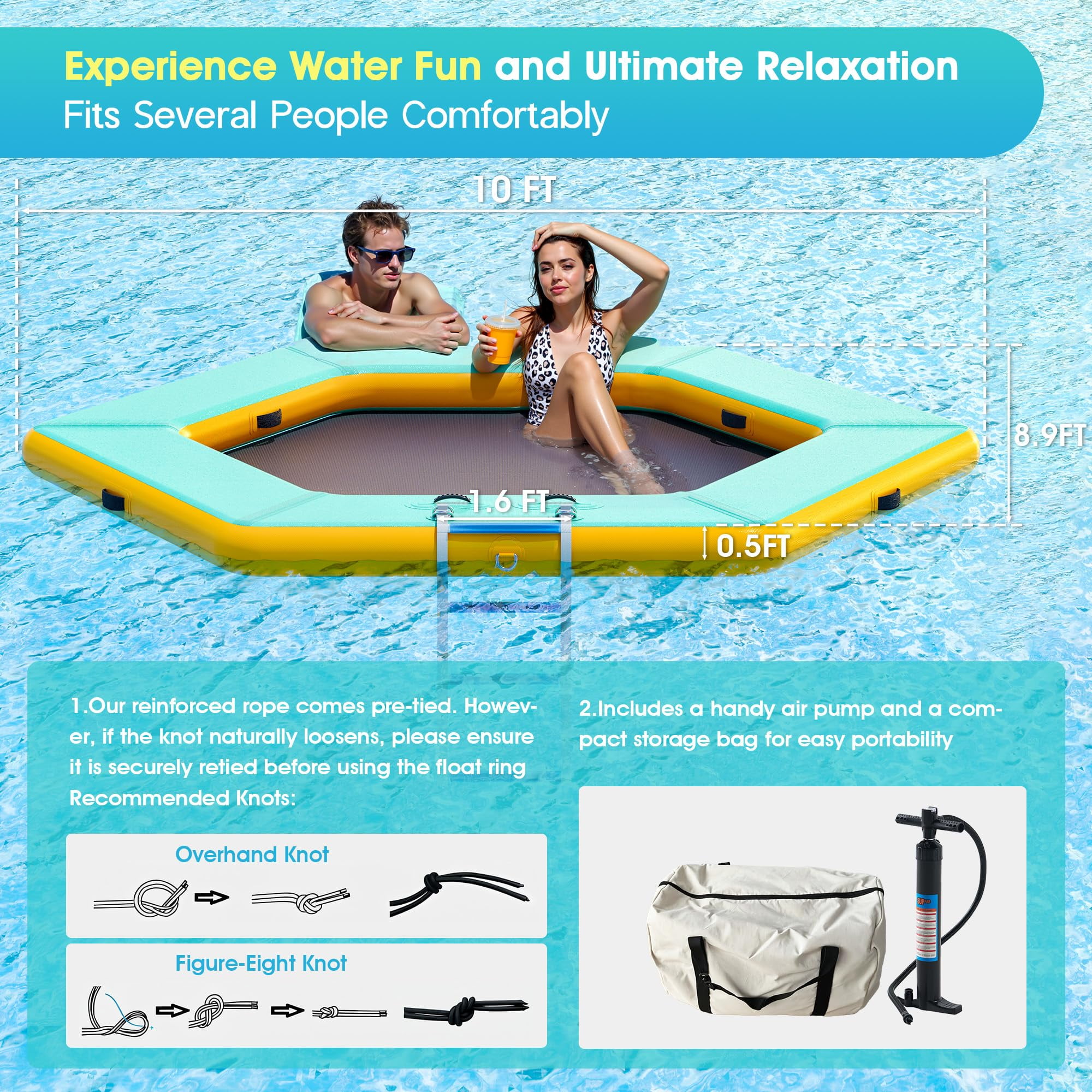 Jocisland 10 ft Hexagonal Floating Ring Inflatable Water Hammock with Soft Ladder, Heavy Duty Lake Raft for Pool and Lake, Inflatable Raft Fits Multiple People, Mint Green&Black