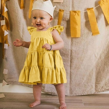 

Huilaibazo Girls Dress Toddler Kids Baby Girls Ruffle Solid Linen Elegant Princess Party Dress Clothes