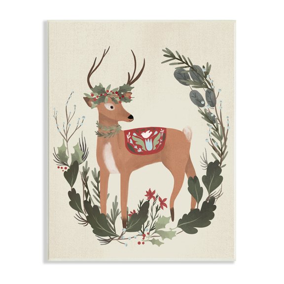 Peaceful Deer Festive Holiday Leaf Border Collage Animals & Insects Painting Unframed Art Print Wall Art