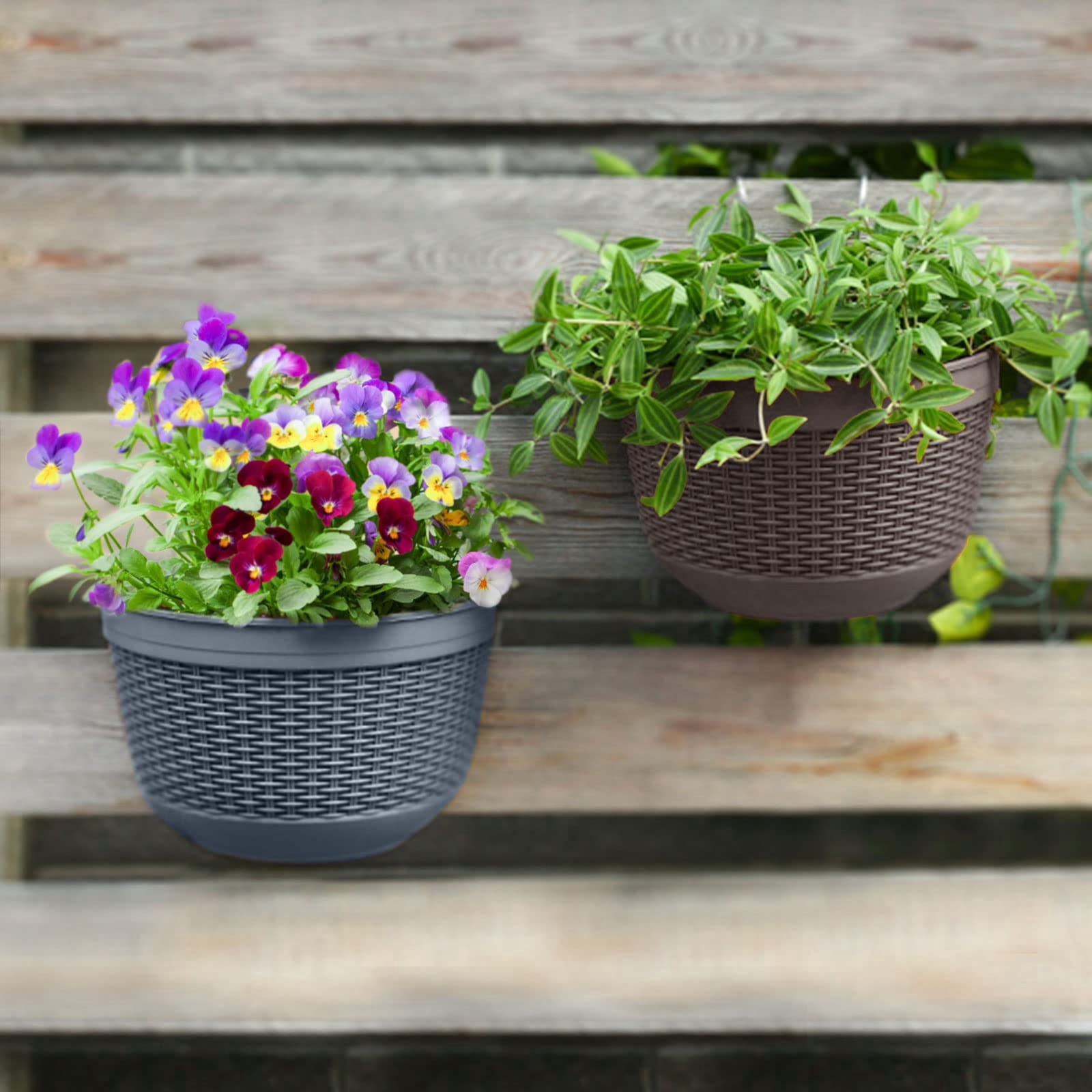 Set of 2 Pcs Hanging Planters Outdoor Hanging Basket Plastic Flower Pot Plants Holder Hanger for Balcony Fence Wall Mounted