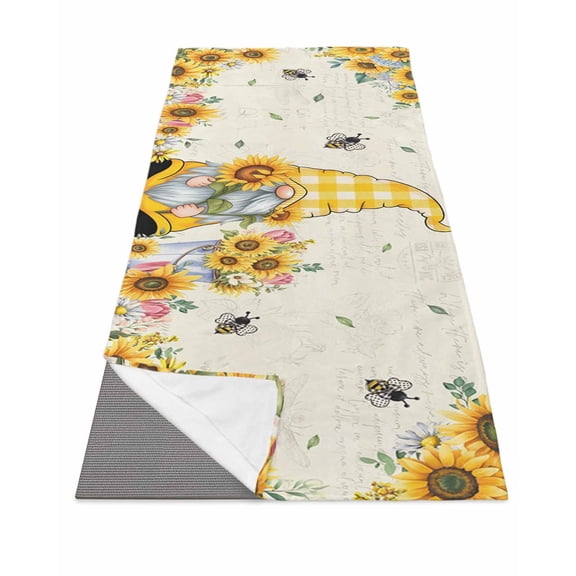 Sunflower Gnomes Yoga Towel for Hot Yoga Non Slip, Yellow Sunflower Vintage Leaves Bee Yoga Mat Towel Absorbent Yoga Sweat Towels Microfiber Hot Yoga Blanket for Bikram Pilates 26"x74"