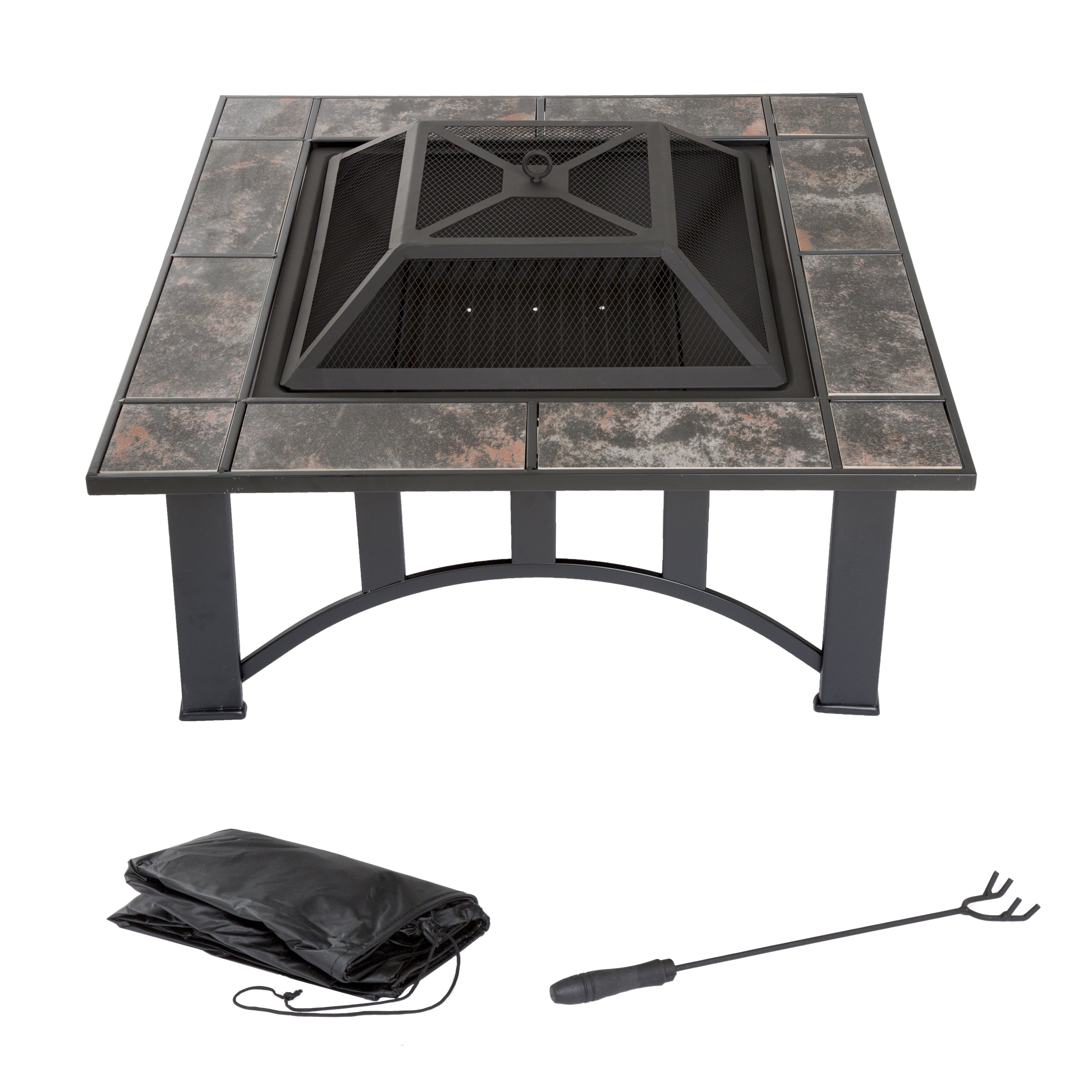 Great for Outdoor and Patio Includes Screen Wood Burning Pit Cover and Log Poker Fire Pit Set 30 inch Square Marble Tile Firepit by Pure Garden 