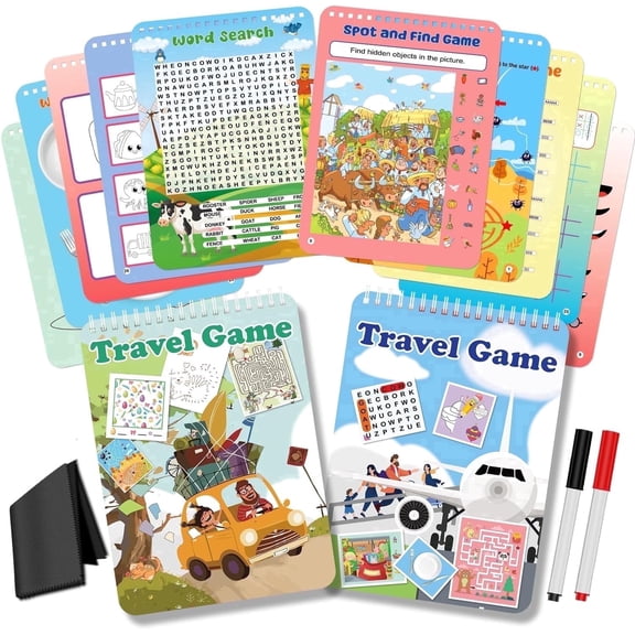Elfew Travel Game Cards – 2 pack, 13 Games, 56 Reusable Activities, 2 Pens & Cloth – Spiral Binding, Waterproof, Less Screen Time Toys for Kids