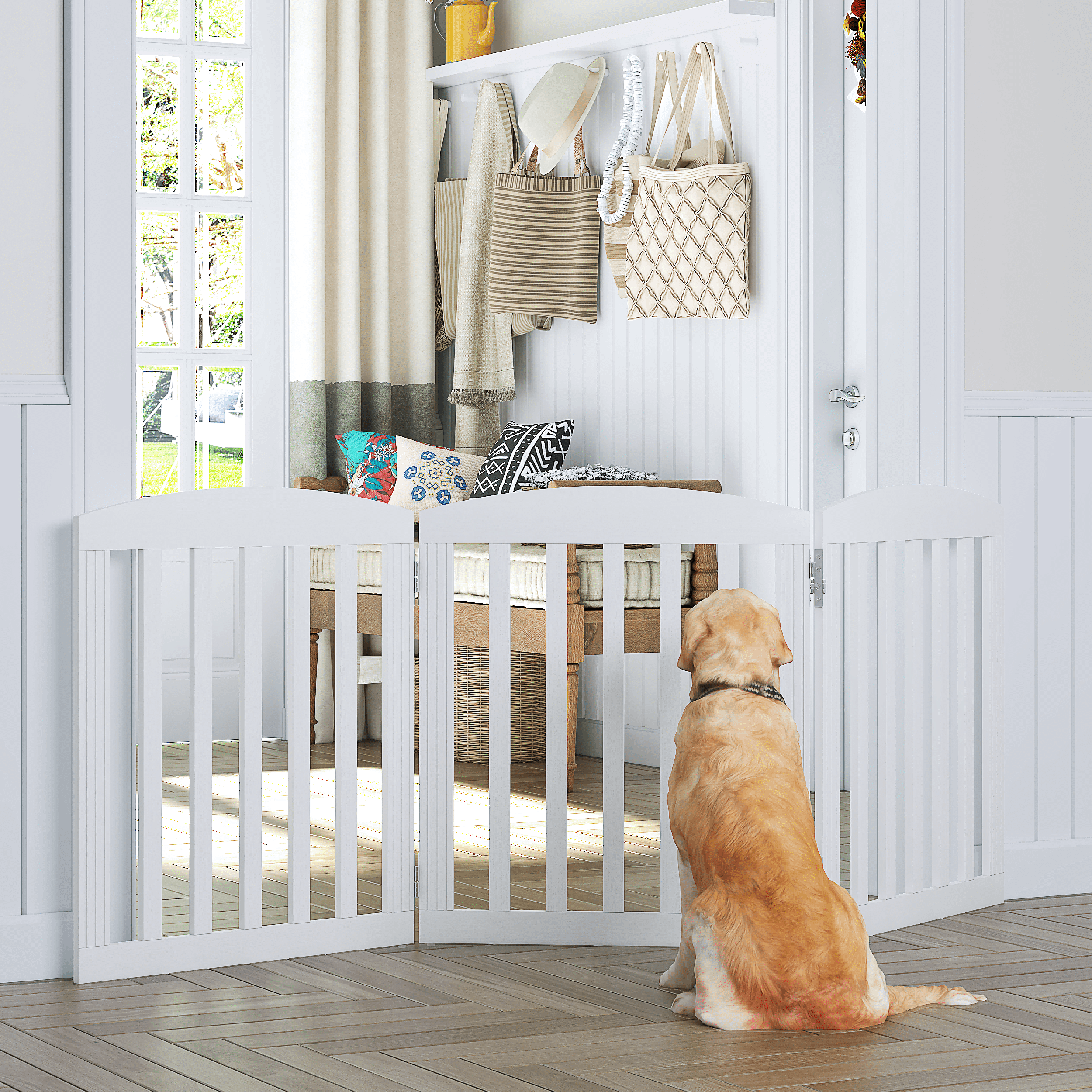 STAROUS Foldable Dog Gate, Dog Gates for Doorways, Stairs, The House, Wooden Freestanding Pet Gate Indoor, Step Over Puppy Gate, 3 Panels, White