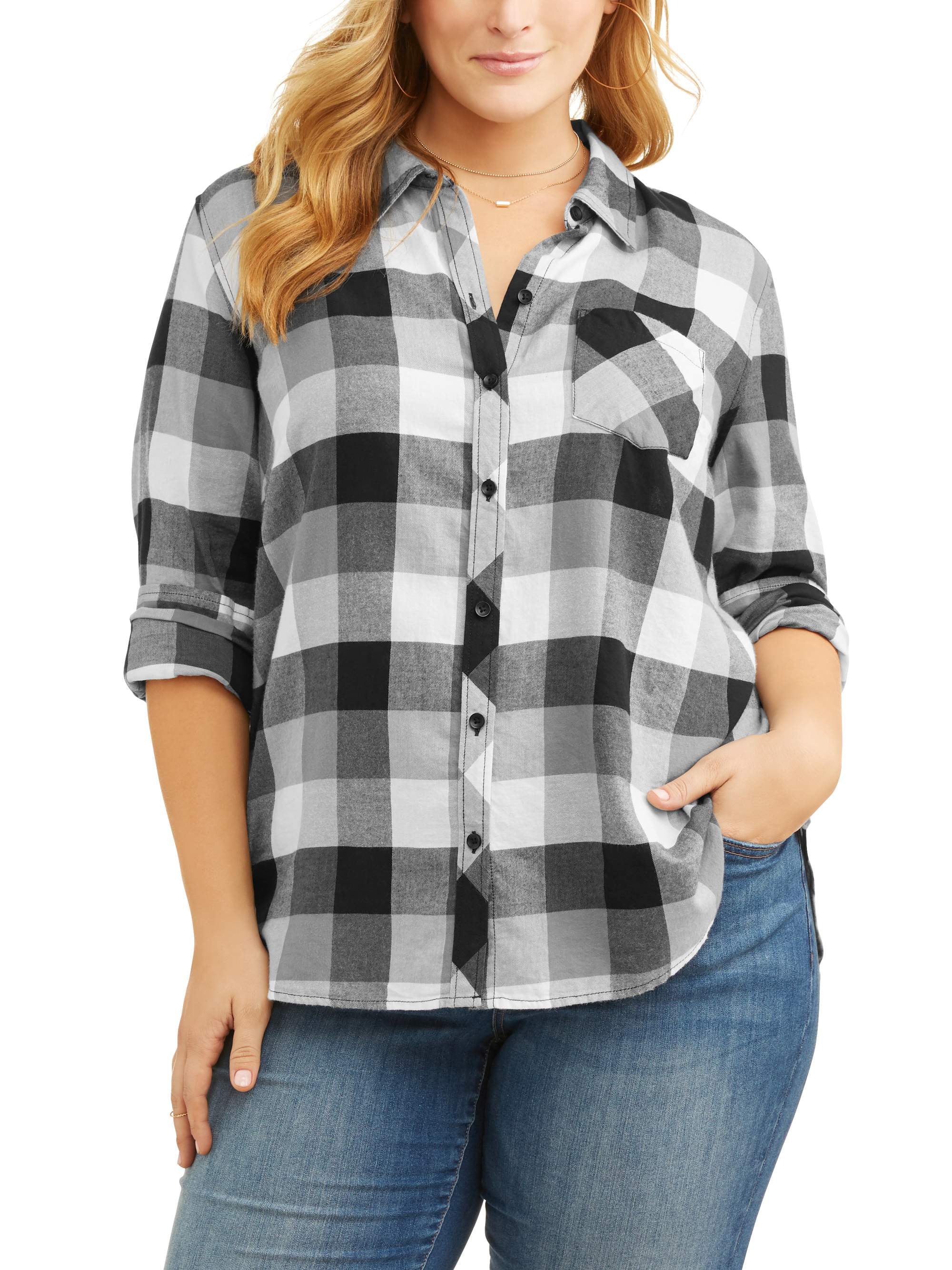 Women's Plus Button Up Plaid Shirt - Walmart.com