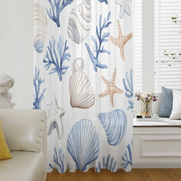 Ocean Coastal Semi Sheer Curtains Drapes for Living Room, Bedroom, French Doors Window 96 Inches Long, Blue Coral Shell Starfish Beach Summer Rod Pocket Chiffon Curtain Drapery Voile Draperies Panel
