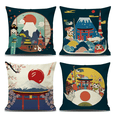 thumbnail image 1 of Funda de cojín japonesa Fuji Ukiyo-e, funda de almohada, decoración para sofá, coche, hogar, cama, 45 x 45 cm, juego de 4 piezas (estilo japonés B), funda de almohada de lino estilo japonés Ukiyoe Rojo Verde, 1 of 5