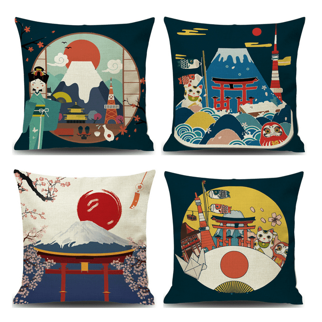 Funda de cojín japonesa Fuji Ukiyo-e, funda de almohada, decoración para sofá, coche, hogar, cama, 45 x 45 cm, juego de 4 piezas (estilo japonés B), funda de almohada de lino estilo japonés Ukiyoe Rojo Verde