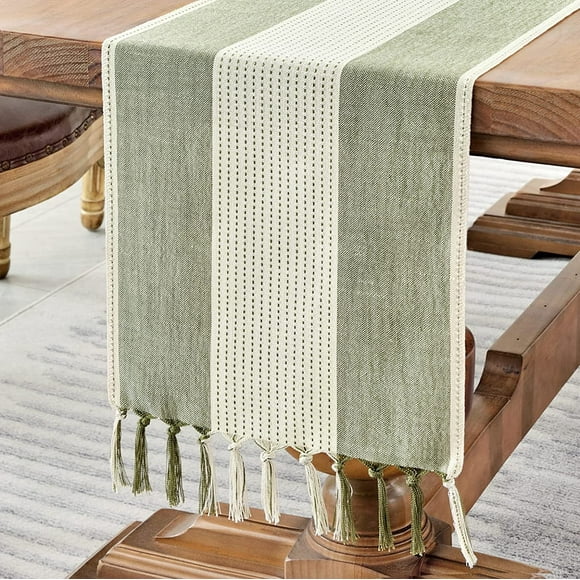 Cotton Linen Sage Green Table Runner 180cm Long with Hand-tassels,Macrame Table Runner for Holiday Parties and Everyday Use( Green,180cm)