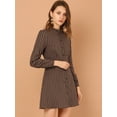thumbnail image 2 of Unique Bargains Women's Check Ruffle Neck Button Down Long Sleeve A-Line Dresses L Brown, 2 of 7