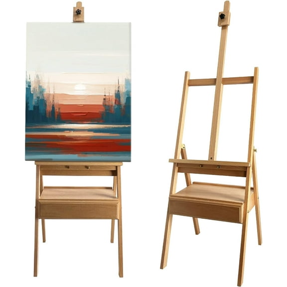 Wood Painting Easel with Storage Drawer(60"~75" H), H-Frame Adjustable Wooden Easel Stand with Signature Box for Adults, Students,Sturdy Canvas Holder up to 36''