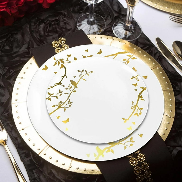 10.5 Disposable Fancy White Plastic Dinner Plates Gold Rim
