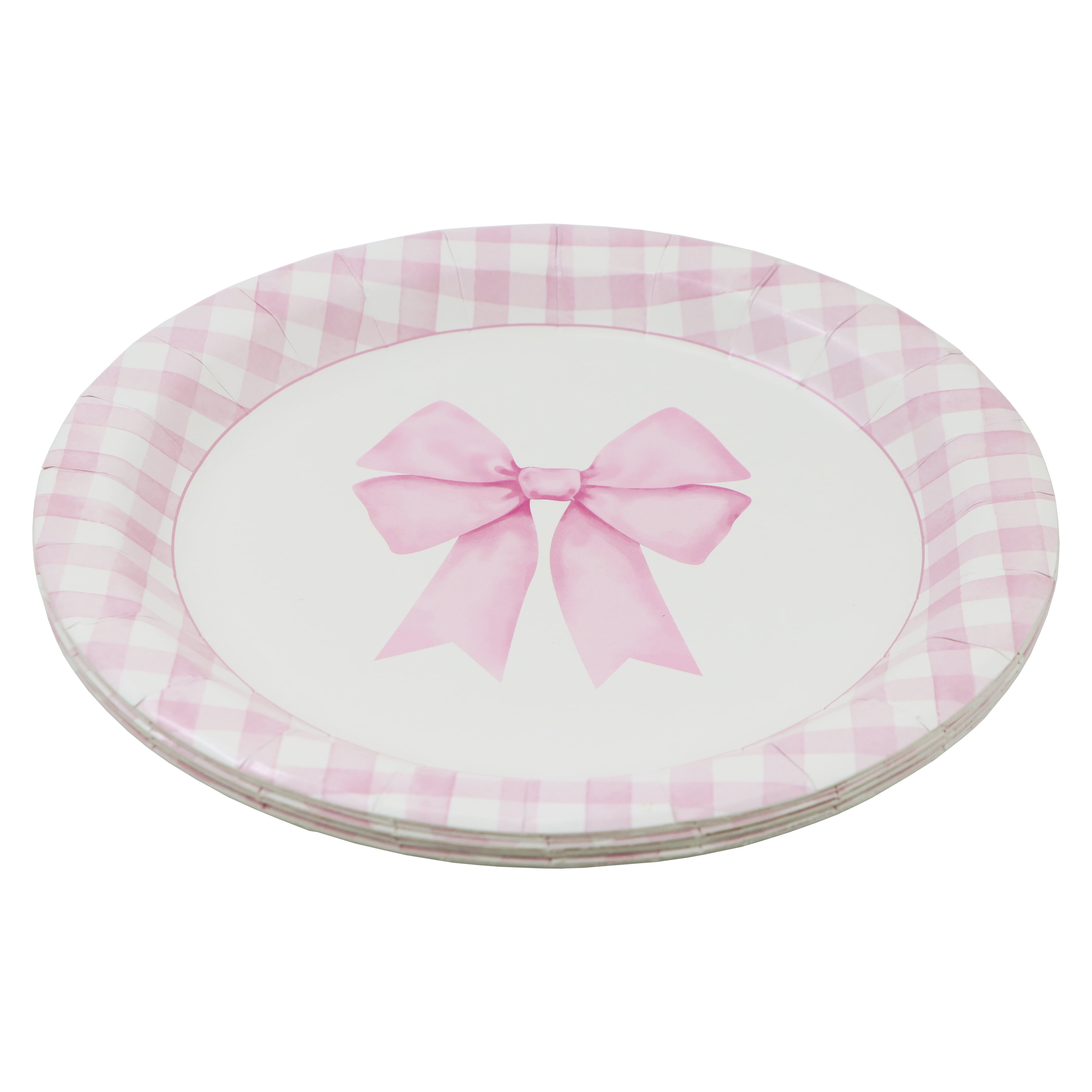 Celebrate It Paper Plates - Pink & White Gingham Dinner Plates with Bow Design, Pink/White, 9", 12 Packs (120 Total)