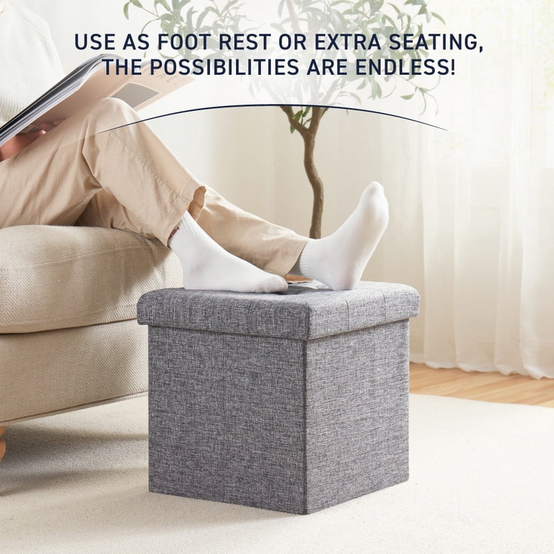 Ornavo Home 2 Pack 15 Inch Folding Storage Ottoman with Storage, Square Cube Linen Small Storage Ottoman Foot Rest Stool - Gray