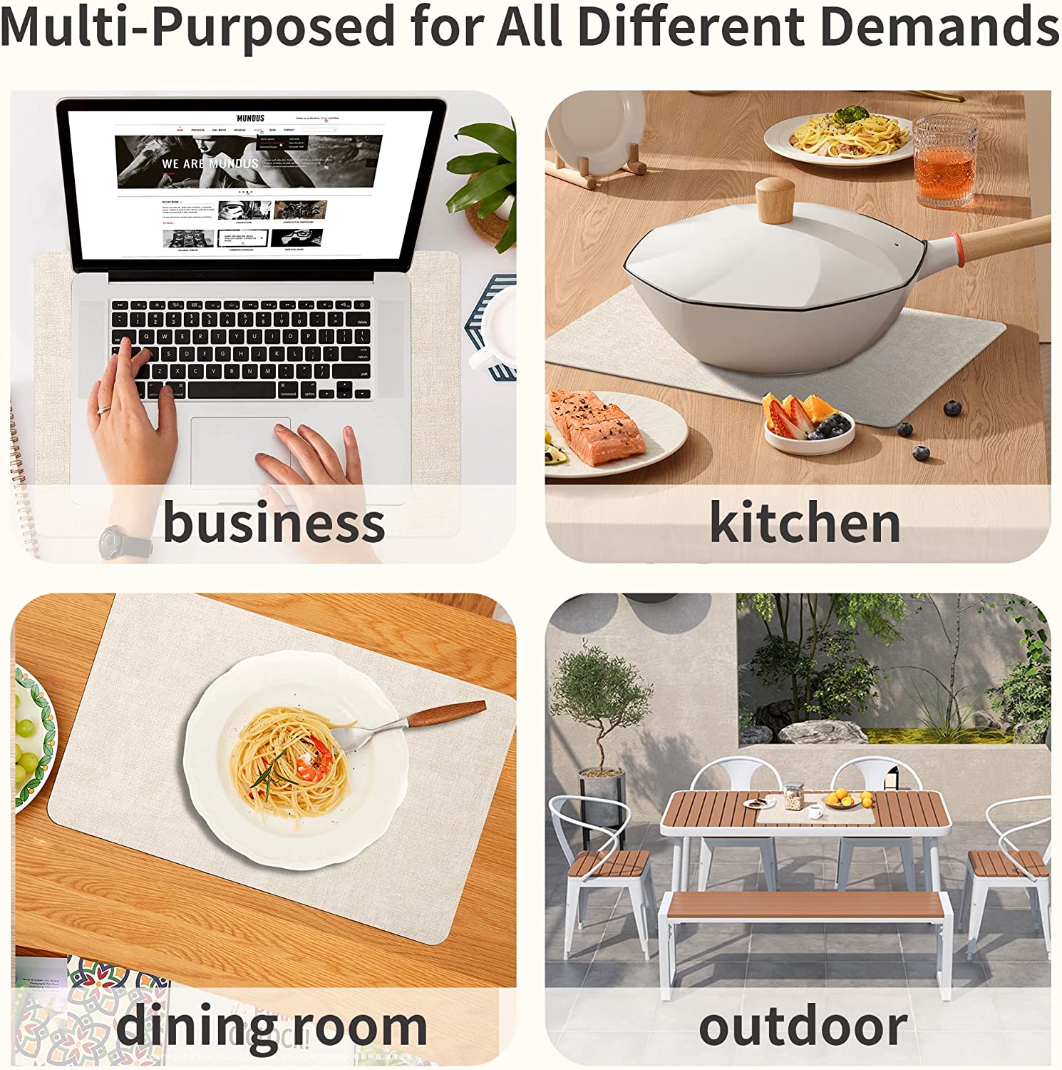 Lifestance Faux Leather Placemats Set of 6, Waterproof Heat Resistant Non Slip Dining Table Mats, 17x12 inch Rectangle Beige, Indoor Outdoor Use