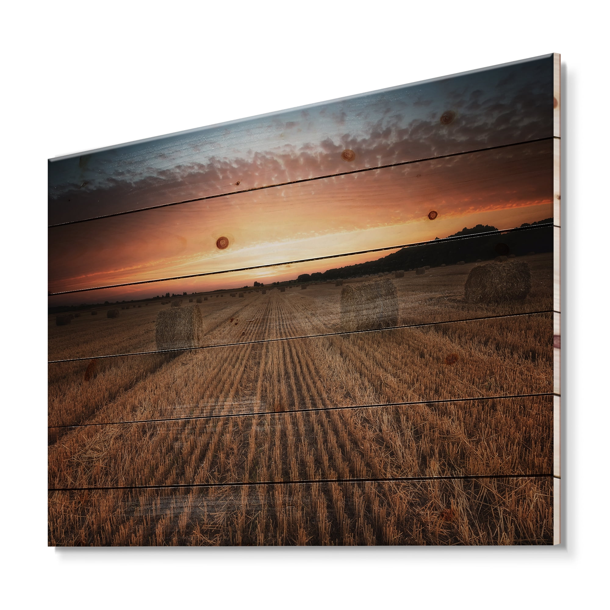 Designart 'A Field Full of Hay Bales At Sunset Landscape' Farmhouse Print on Natural Pine Wood