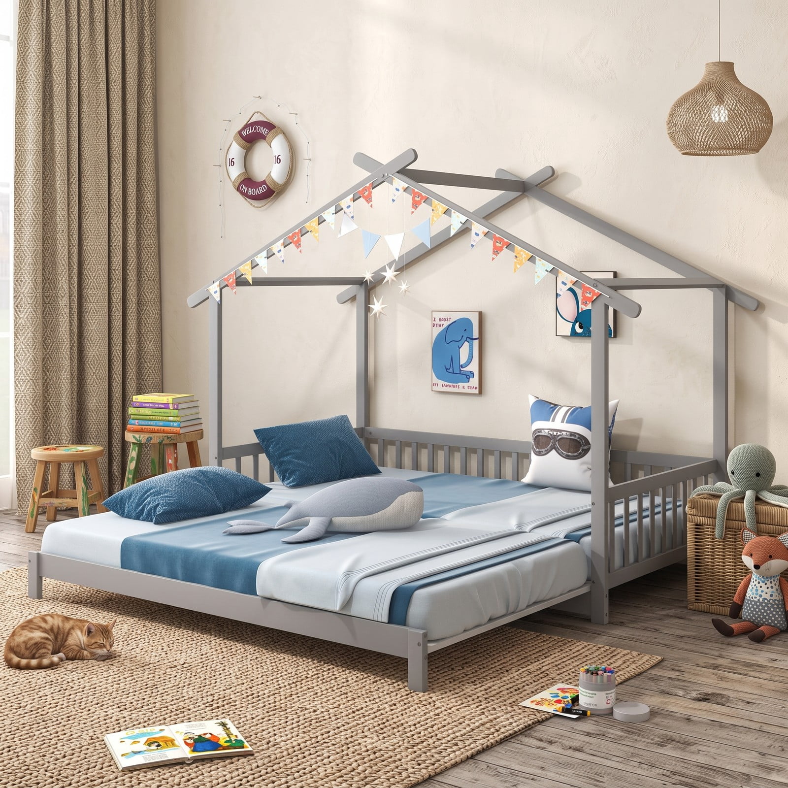 Furnibear Extendable House Bed Twin to King Size Daybed with Roof Frame and Fence Rails for Kids and Shared Bedroom, Gray