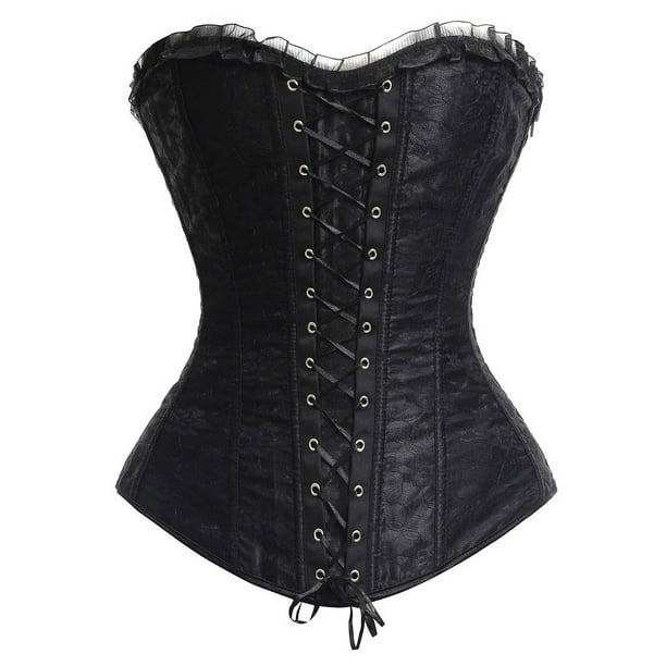 Wine Red Gothic Lace Trim Leather Overbust Corset Top for Women 