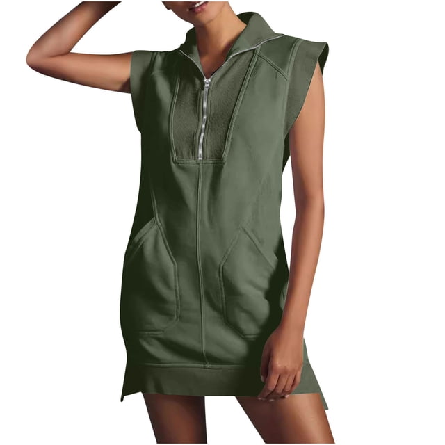 LOVZFMLL Robes Femmes Solide Demi-Fermeture à Glissière Chandail en Molleton Poche Patchwork Été Sans Manches Col Rabattu Chandail Mini Robe