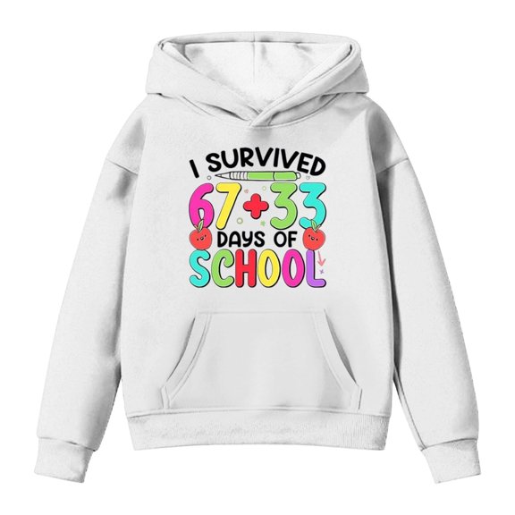 IWRICH Girls Boys I Survive 100 Days of School Hoodie Cute Funny Printed Hooded Sweatshrits Long Sleeve Tops,Size 2-13 Years White 160