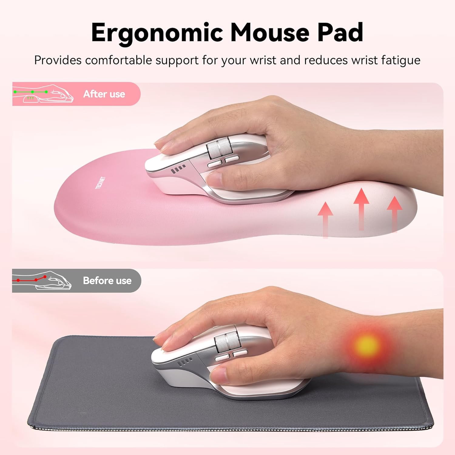 Ergonomic Mouse Pad with Wrist Rest, Memory Foam Mousepad with Wrist Support, Smooth Surface, Middle Concave & Non-Slip Base for Laptop/PC, Pain Relief for Home Office Gaming, Pink