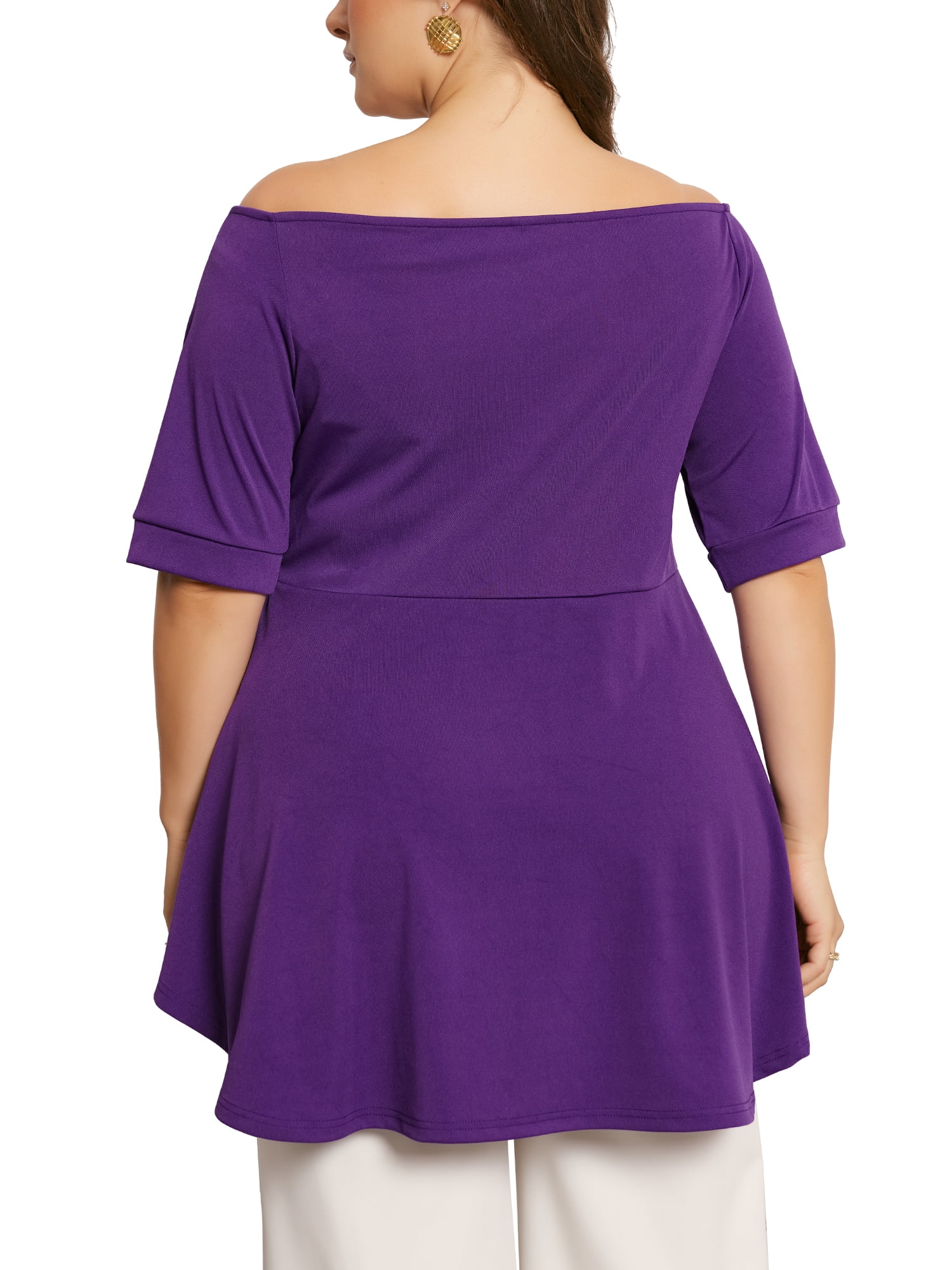DARING DIVA Women's Plus V Neck Short Sleeve Ruched Peplum Blouse 4X Purple