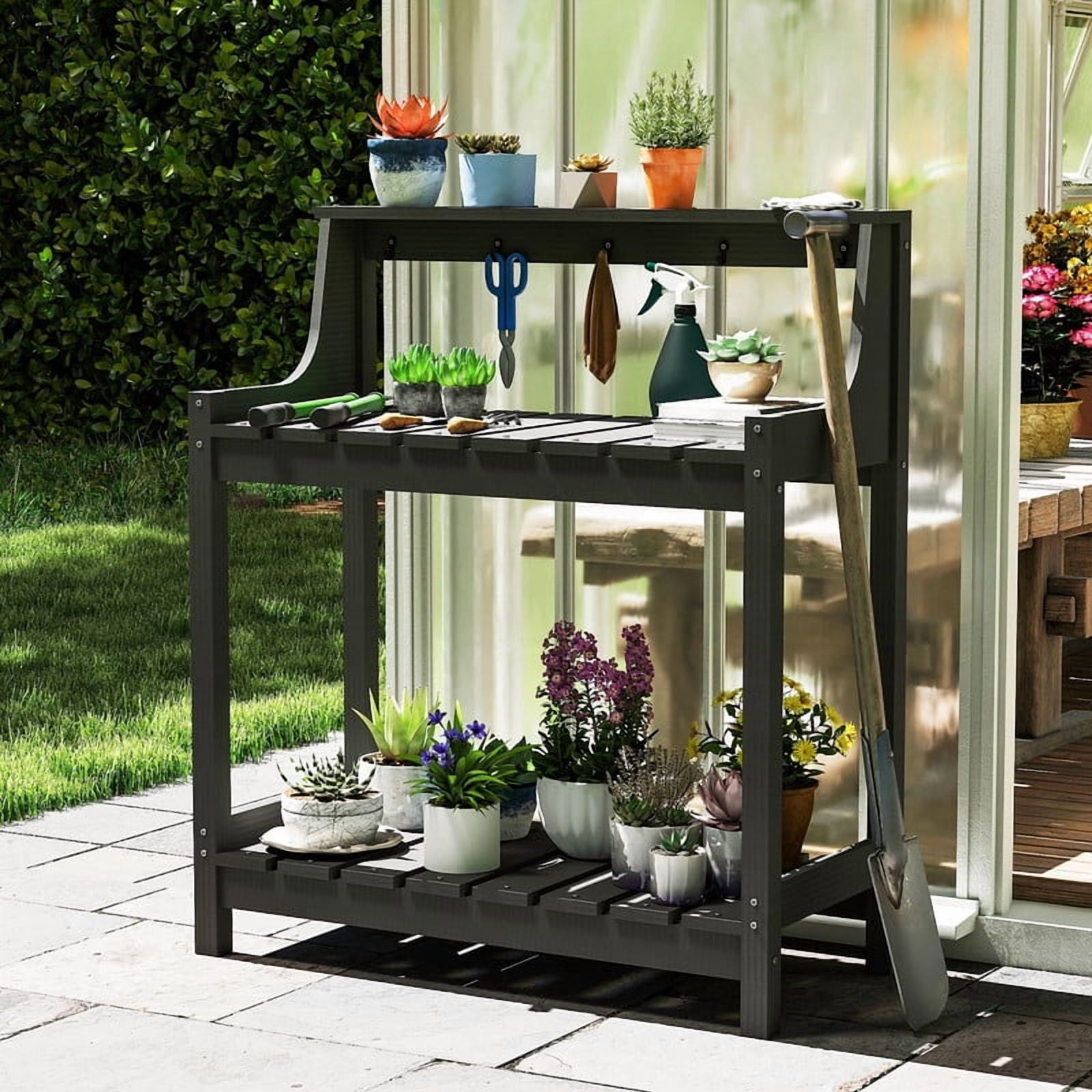 Howcool HDPE Outdoor Potting Bench with Storage & Hooks, 3-Tier Heavy-Duty Garden Workstation Table, All-Weather Potting Table for Patio & Backyard, Grey