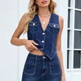 thumbnail image 2 of Gpaecead Women's V-Neck Denim Vest - Solid Color Button Front Sleeveless Jacket Blue, 2 of 9