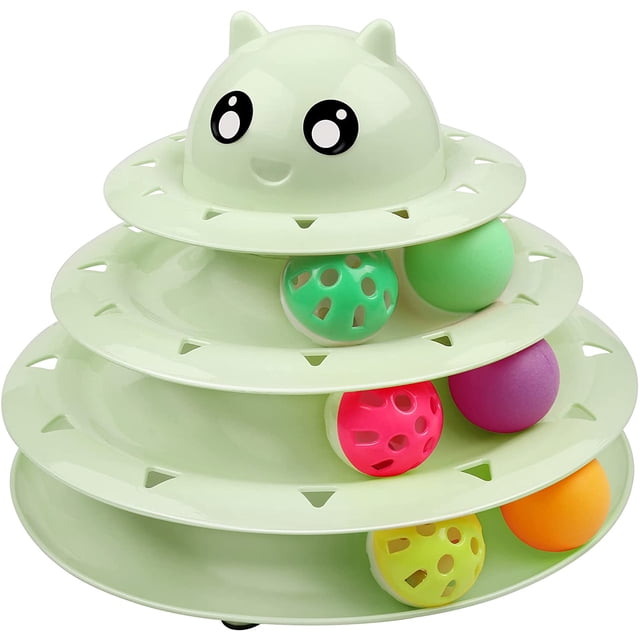 Juguete para gatos con plataforma giratoria de nivel 3 y pelota, con seis pelotas de colores. Interactivo y divertido para gatitos, proporciona ejercicio físico y mental. (Fruta verde) 1 unidad.