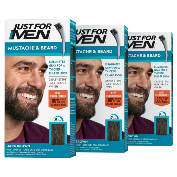 Just For Men Mustache & Beard, Beard Dye for Men with Brush Included, With Keratin Biotin Aloe and Coconut Oil for Healthy Facial Hair - Dark Brown, M-45, Pack of 3 (Packaging May Vary