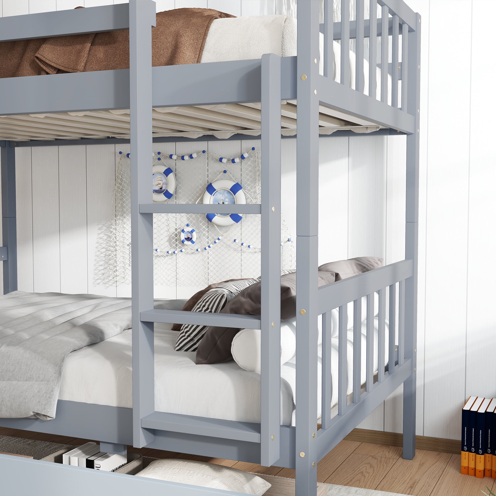 Sailvan Twin Over Twin Rubber Wood Bunk Bed with 2 Drawers, Convertible into 2 Twin Beds