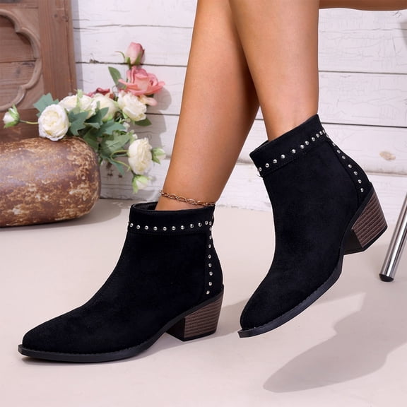 Women's Studded Ankle Boots, Pointed Toe Block Heel Booties, Western Inspired Pull On Dress Boots for Party Casual Daily Wear
