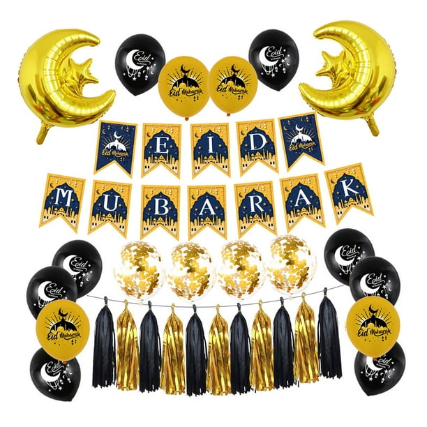 Fondo Decorativo de Eid Perfecl negro dorado con Globos y pancartas